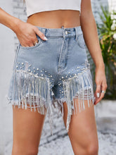 Load image into Gallery viewer, Distressed Pearl Trim Denim Shorts with Pockets
