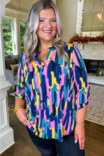 Load image into Gallery viewer, Blue Plus Size Brushstroke Print 3/4 Sleeve Blouse
