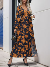 Load image into Gallery viewer, Split Printed Surplice Long Sleeve Midi Dress
