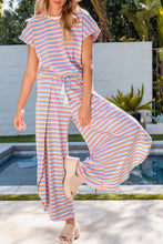 Load image into Gallery viewer, Pink Stripe Rainbow Tee Tasseled String Wide Leg Pants Set
