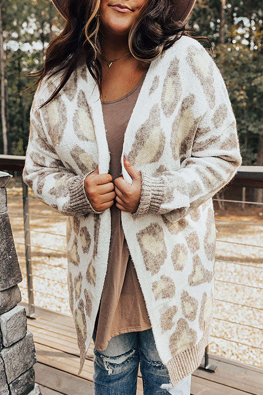 Womens - Beige Plus Size Leopard Pattern Cardigan