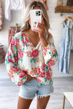 Load image into Gallery viewer, White Notch V Neck Floral Pleated Puff Sleeve Blouse
