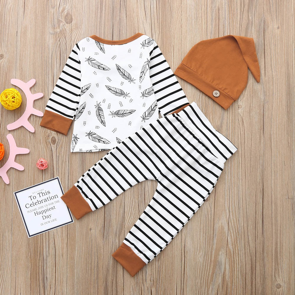 3pc Set - Baby - Boy Girl - Feather Striped Long SleeveTop + Long Pants + Hat - 3pc Outfit Set - Sizes 0-24mths Ti Amo I love you