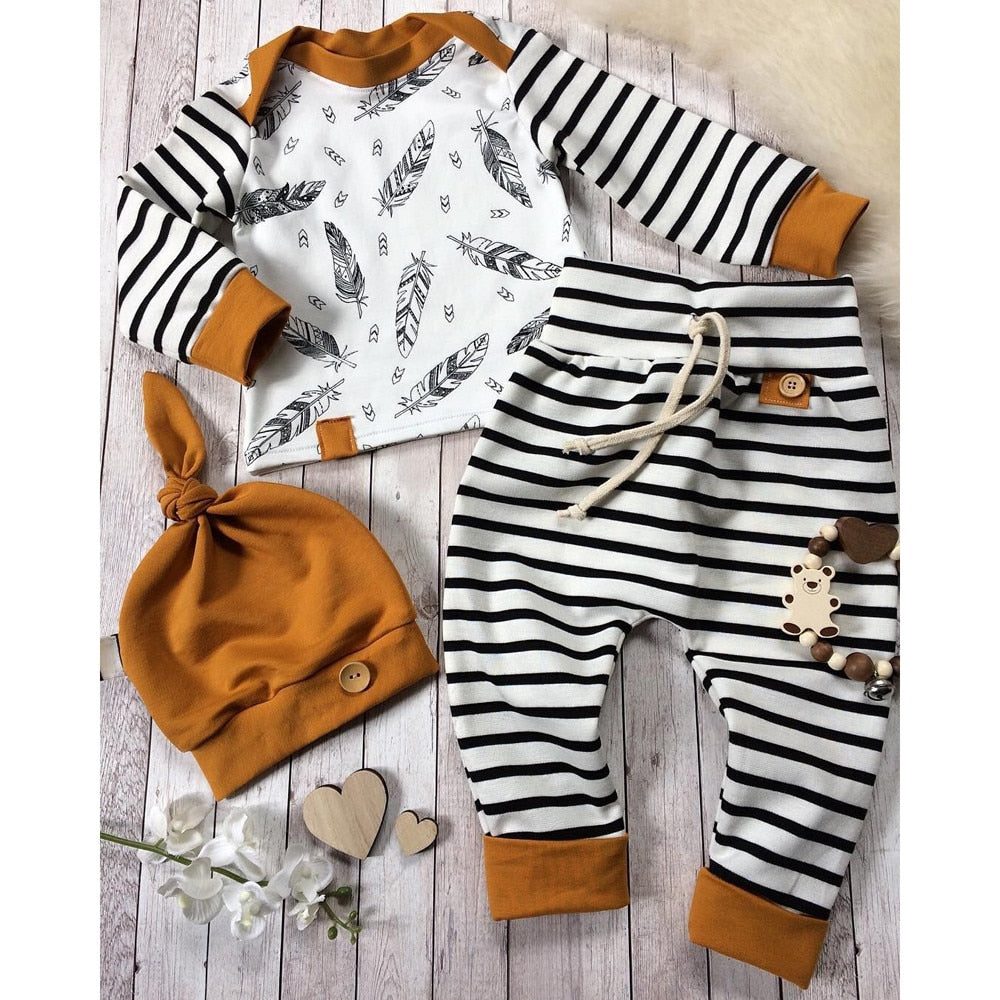 3pc Set - Baby - Boy Girl - Feather Striped Long SleeveTop + Long Pants + Hat - 3pc Outfit Set - Sizes 0-24mths Ti Amo I love you