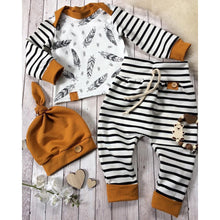 Load image into Gallery viewer, 3pc Set - Baby - Boy Girl - Feather Striped Long SleeveTop + Long Pants + Hat - 3pc Outfit Set - Sizes 0-24mths Ti Amo I love you
