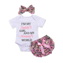 Load image into Gallery viewer, 3pc Set - Baby - Girl -  I&#39;M MY DADDY&#39;S GIRL &amp; MY MOMMY&#39;S WORLD - Baby Onesie + Floral Diaper Cover + Headband - Sizes 0-18mths Ti Amo I love you
