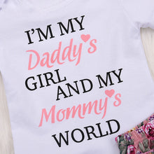 Load image into Gallery viewer, 3pc Set - Baby - Girl -  I&#39;M MY DADDY&#39;S GIRL &amp; MY MOMMY&#39;S WORLD - Baby Onesie + Floral Diaper Cover + Headband - Sizes 0-18mths Ti Amo I love you
