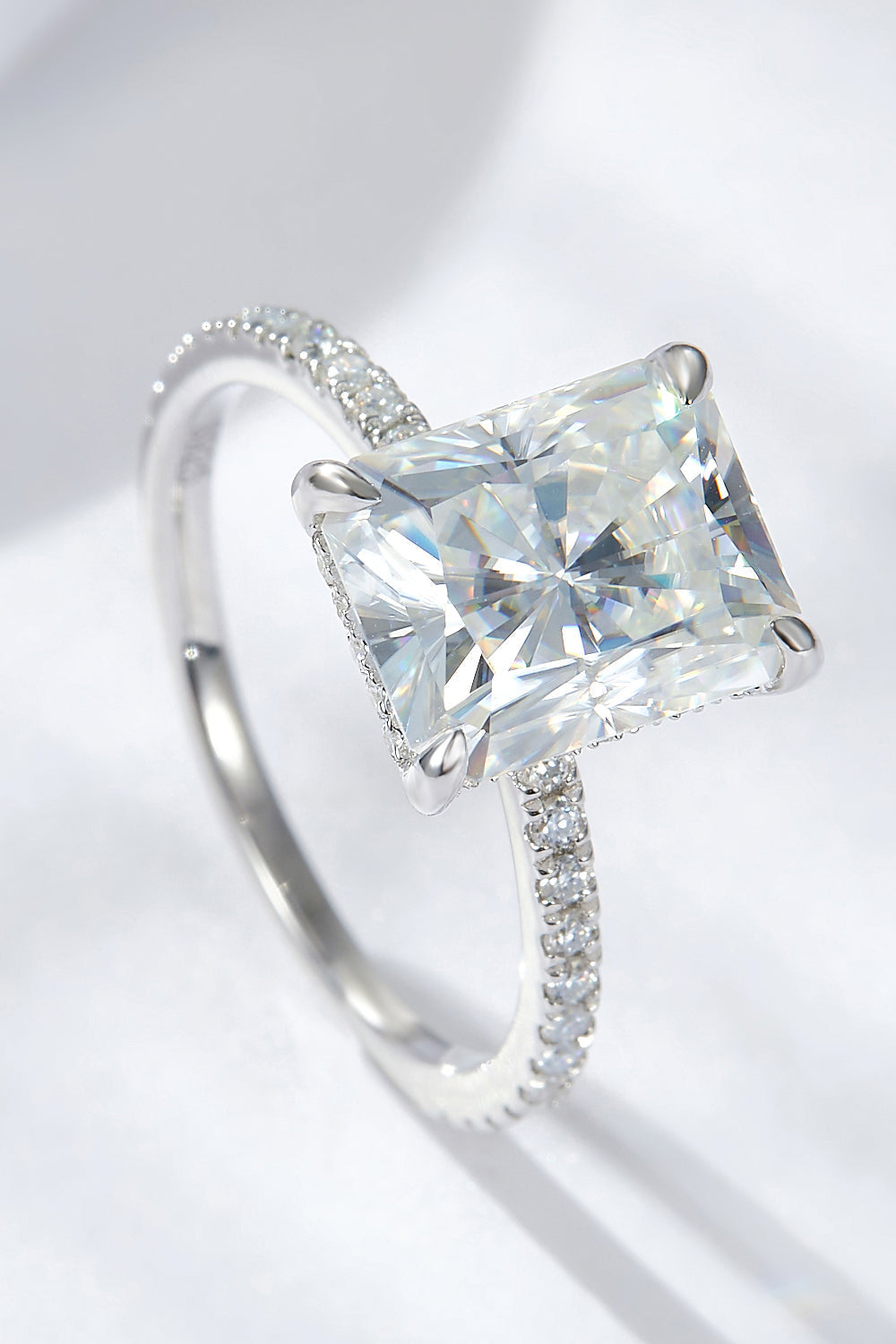 4 Carat Princess Moissanite - 925 Sterling Silver - Platinum Plated - 4-Prong Side Stone Ring Ti Amo I love you