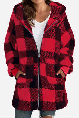 4 Colors - Double Take - Full Size Plaid Long Sleeve Hooded Coat Ti Amo I love you