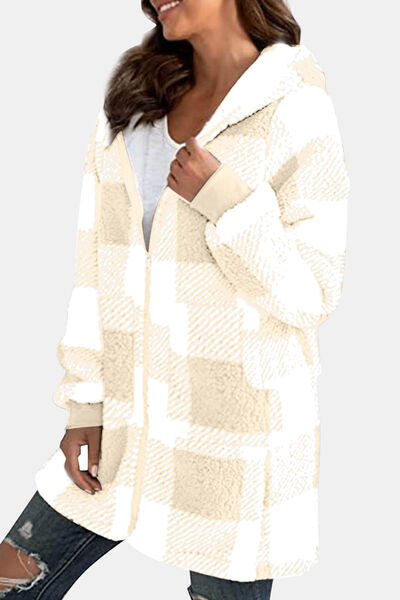 4 Colors - Double Take - Full Size Plaid Long Sleeve Hooded Coat Ti Amo I love you