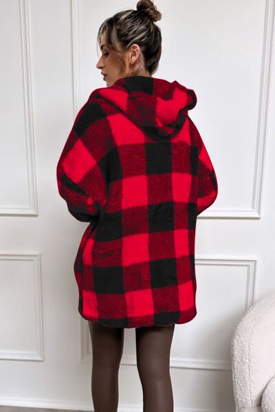4 Colors - Double Take - Full Size Plaid Long Sleeve Hooded Coat Ti Amo I love you