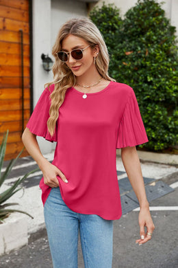 4 Colors - Pleated Flutter Sleeve Round Neck Blouse Ti Amo I love you