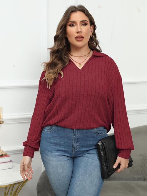 4 Colors - Plus Size Ribbed Collared Neck Long Sleeve Blouse - Sizes L-4XL Ti Amo I love you