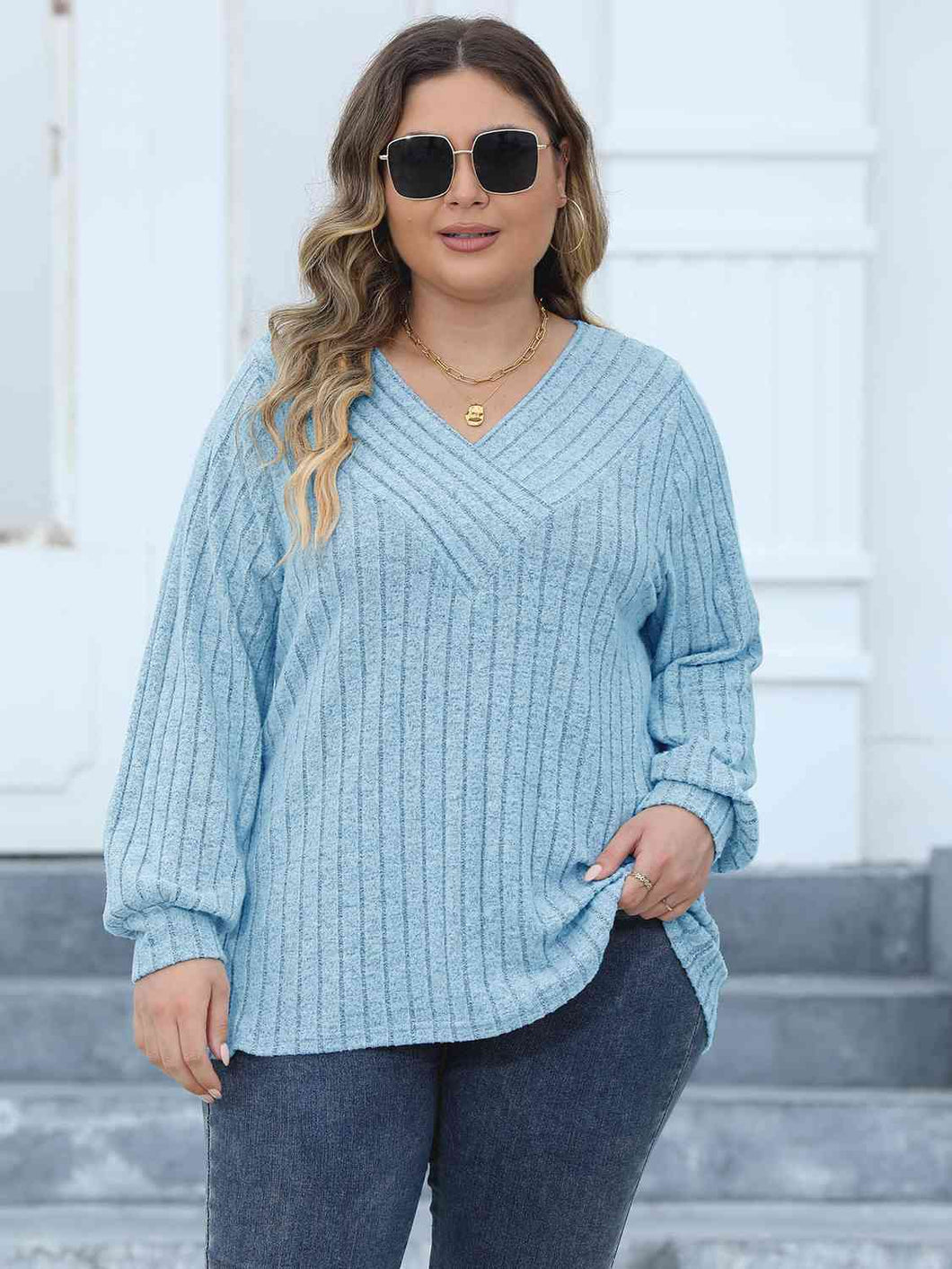 4 Colors -Plus Size Ribbed V-Neck Long Sleeve Top Ti Amo I love you