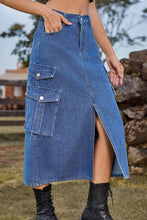 Load image into Gallery viewer, 4 Colors - Slit Front Midi Denim Skirt with Pockets - Sizes S-2XL Ti Amo I love you
