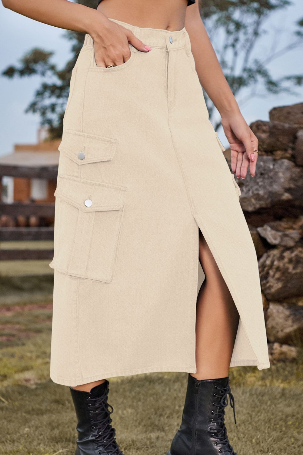 4 Colors - Slit Front Midi Denim Skirt with Pockets - Sizes S-2XL Ti Amo I love you