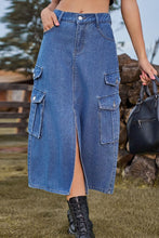 Load image into Gallery viewer, 4 Colors - Slit Front Midi Denim Skirt with Pockets - Sizes S-2XL Ti Amo I love you
