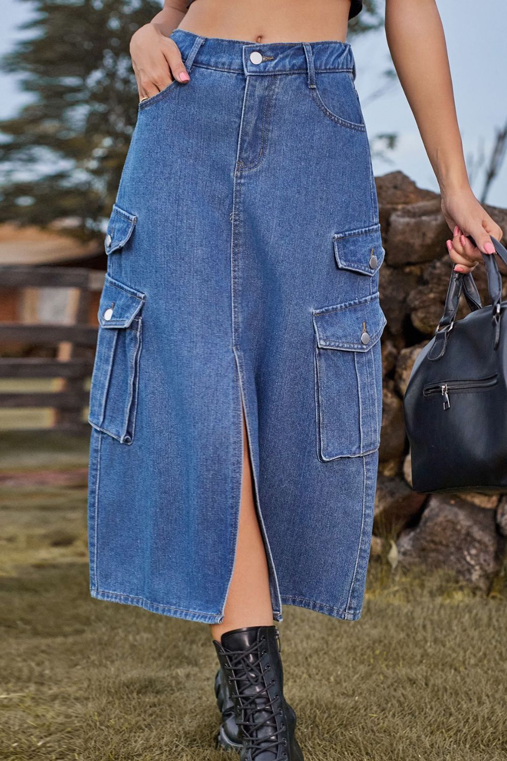 4 Colors - Slit Front Midi Denim Skirt with Pockets - Sizes S-2XL Ti Amo I love you