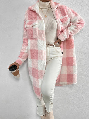 4 Colors - Womens - Autumn Winter Open Buckle Collared Long Plush Plaid Coat - Sizes S-XL Ti Amo I love you