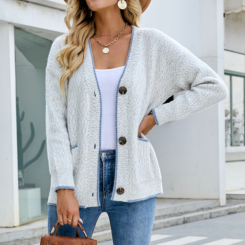 4 Colors - Womens - Contrast Color Button Sweater Autumn Winter Pocket Sweater Cardigan Coat - Sizes S-L Ti Amo I love you