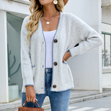 4 Colors - Womens - Contrast Color Button Sweater Autumn Winter Pocket Sweater Cardigan Coat - Sizes S-L Ti Amo I love you