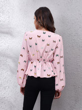 Load image into Gallery viewer, Butterfly V-Neck Balloon Sleeve Peplum Blouse
