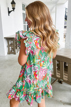 Load image into Gallery viewer, Green Abstract Floral Ruffle Trim Flutter Sleeve Buttoned Dress
