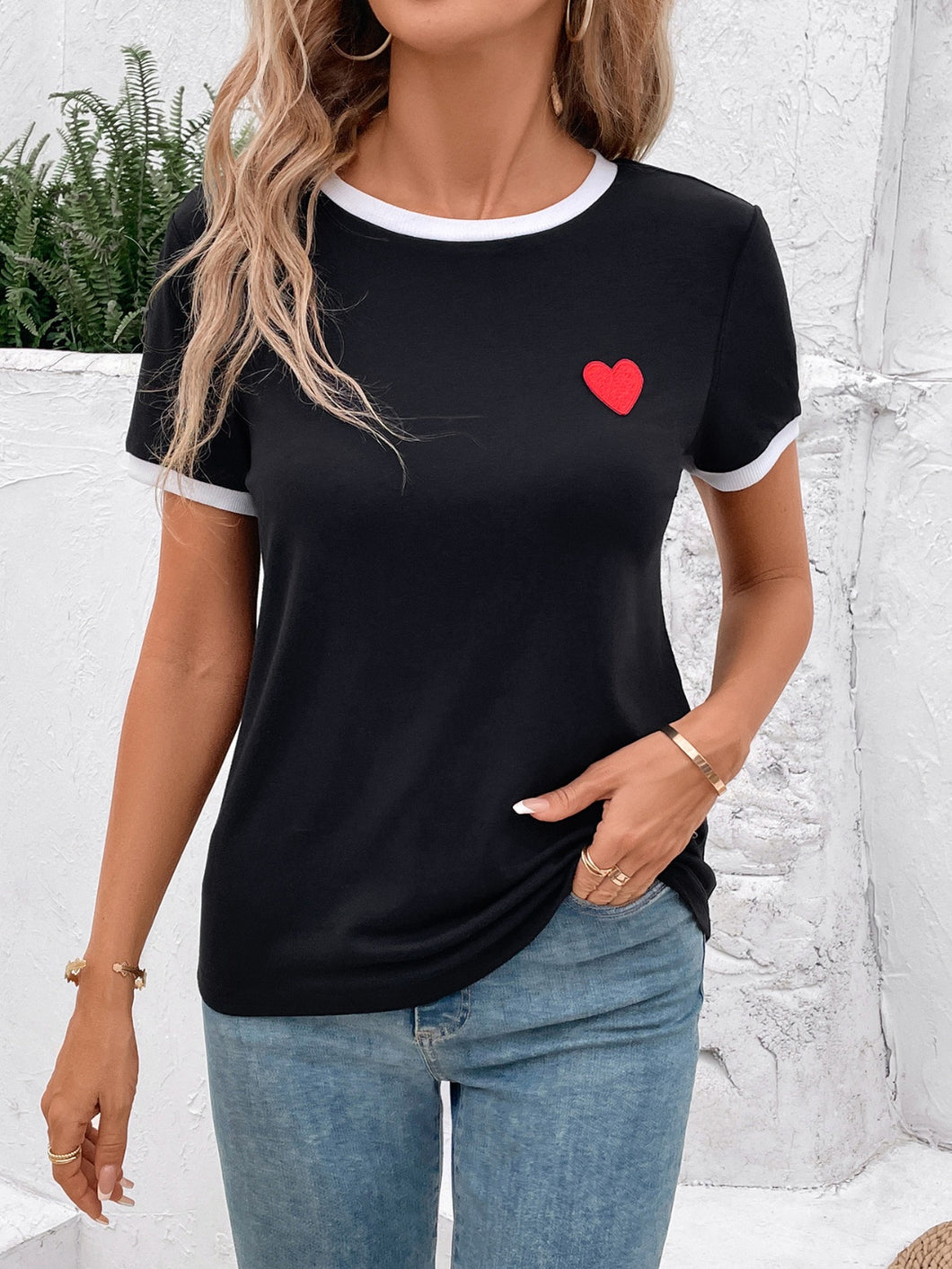 Heart Round Neck Short Sleeve T-Shirt