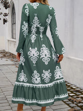 Load image into Gallery viewer, Devine Ruffled Printed Plunge Long Sleeve Dress
