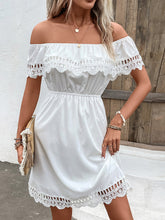 Load image into Gallery viewer, Shiny Ruched Lace Detail Off-Shoulder Dress
