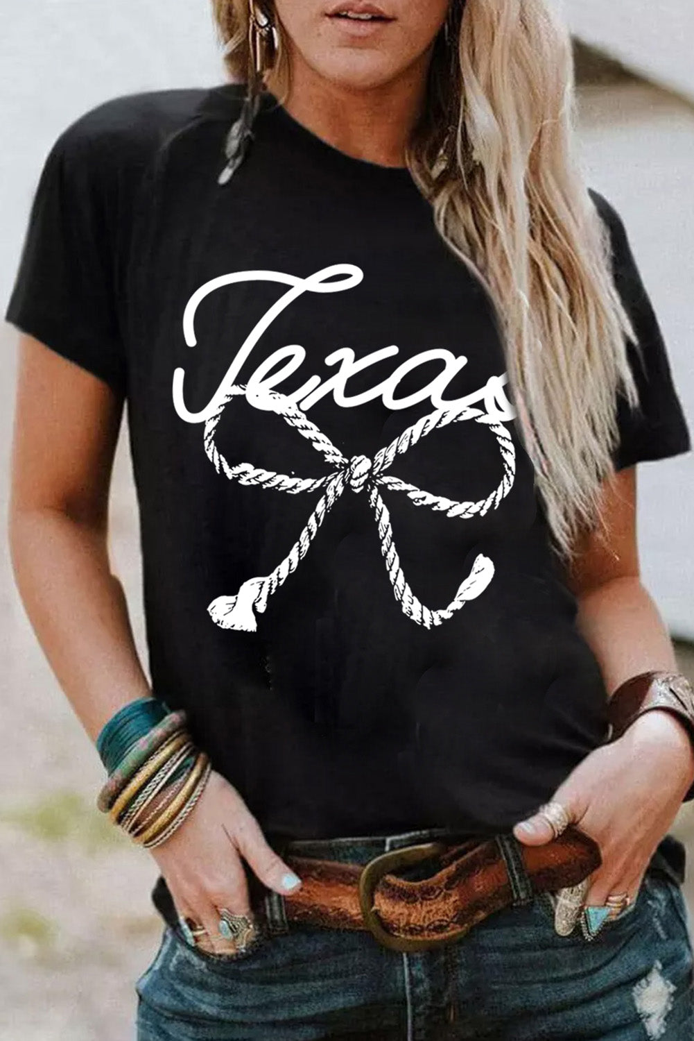 Black Texas Rope Bow Knot Print Crew Neck T Shirt