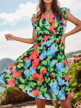 Load image into Gallery viewer, Ruffled Printed Surplice Cap Sleeve Dress
