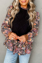 Load image into Gallery viewer, Black Contrast Floral Sleeve Peplum Sweater
