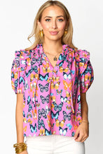 Load image into Gallery viewer, Purple Butterfly Print Ruffled Puff Sleeve Tied V Neck Blouse
