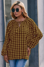 Load image into Gallery viewer, Plaid Tie Neck Balloon Sleeve Blouse
