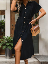 Load image into Gallery viewer, Slit Drawstring Button Up Short Sleeve Midi Dress
