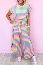 Load image into Gallery viewer, Pink Stripe Rainbow Tee Tasseled String Wide Leg Pants Set
