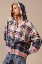 Load image into Gallery viewer, BiBi Drawstring Plaid Drop Shoulder Hoodie
