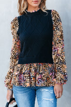 Load image into Gallery viewer, Black Contrast Floral Sleeve Peplum Sweater
