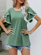 Load image into Gallery viewer, Pom-Pom Trim Flutter Sleeve Round Neck T-Shirt
