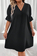 Load image into Gallery viewer, Black Solid Ruffled Puff Sleeve V Neck Plus Size Mini Dress
