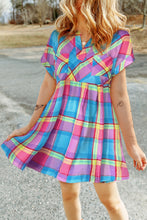 Load image into Gallery viewer, Light Blue Multicolor Plaid Short Sleeve Babydoll Mini Dress
