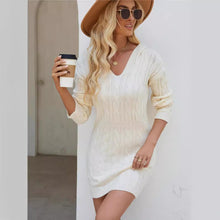 Load image into Gallery viewer, V-neck Twist Mid-length Long Sleeve Knitted Hooded Sheath Dress
