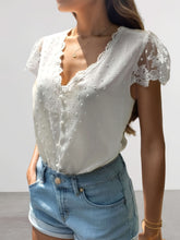 Load image into Gallery viewer, Swiss Dot Lace Detail V-Neck Cap Sleeve Blouse
