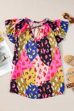 Load image into Gallery viewer, Ruffled Printed Tie Neck Cap Sleeve Blouse
