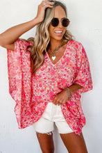 Load image into Gallery viewer, Pink Boho Floral V Neck Kimono Style Blouse
