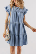 Load image into Gallery viewer, Beau Blue Ruffle Short Sleeve Tiered A-line Denim Dress
