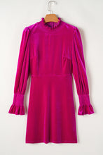 Load image into Gallery viewer, Rose Red Smocked Mock Neck Ruffled Puff Sleeve Velvet Mini Dress
