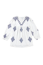 Load image into Gallery viewer, White Boho Geometric Print Bracelet Sleeve V Neck Blouse
