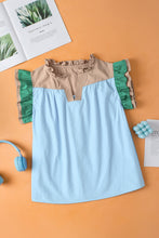 Load image into Gallery viewer, Mist Blue Colorblock Ruffled Sleeve Frill V Neck Blouse
